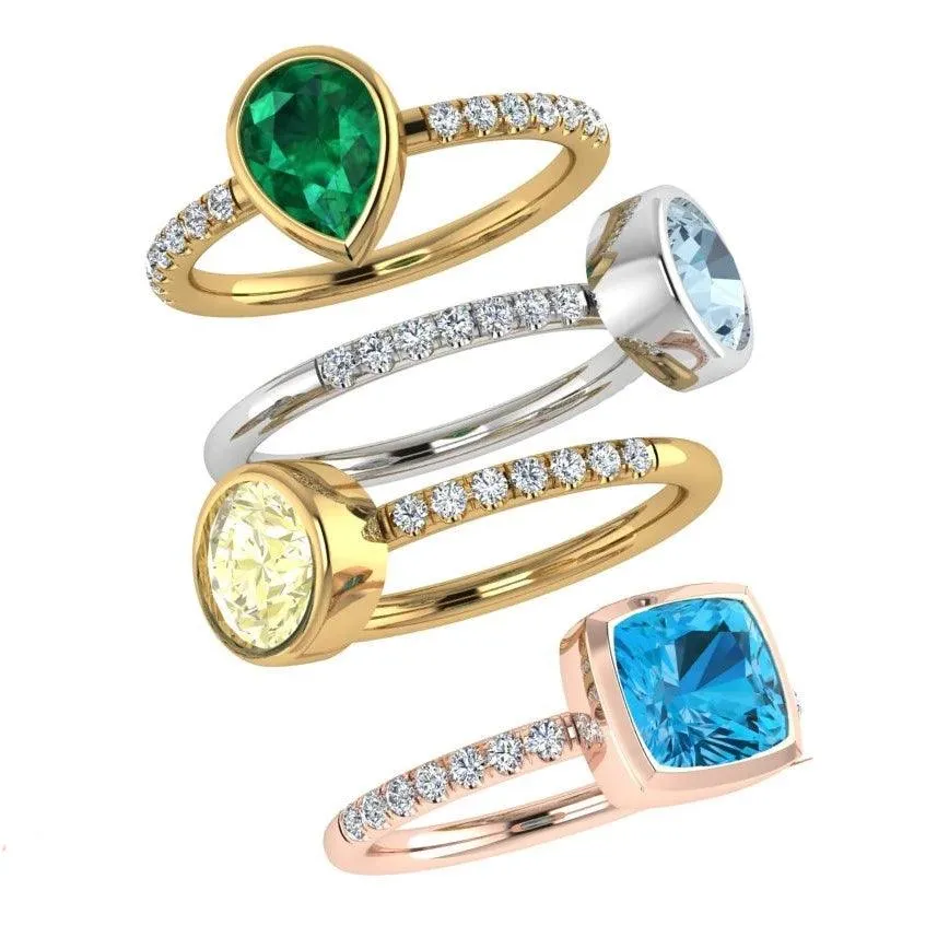 Birthstone and Diamonds Stacking Rings Multi Gold