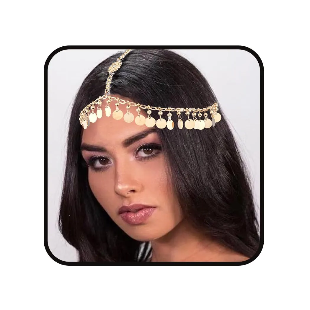 Boho Gold Head Chain Layered Coins Pendant Headband Chain Indian Sequins Forehead Chain for Women (Gold-B)