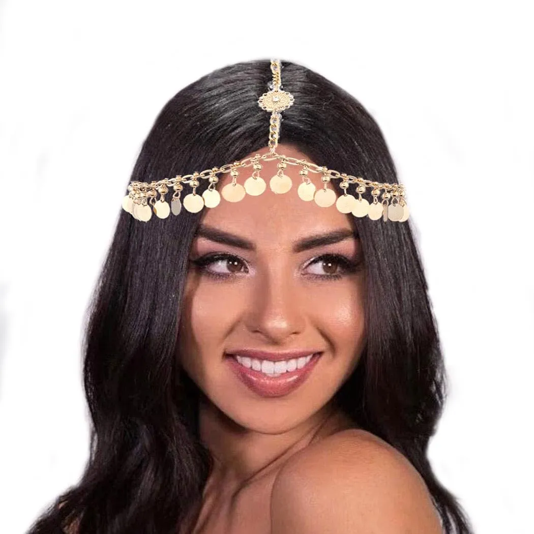 Boho Gold Head Chain Layered Coins Pendant Headband Chain Indian Sequins Forehead Chain for Women (Gold-B)