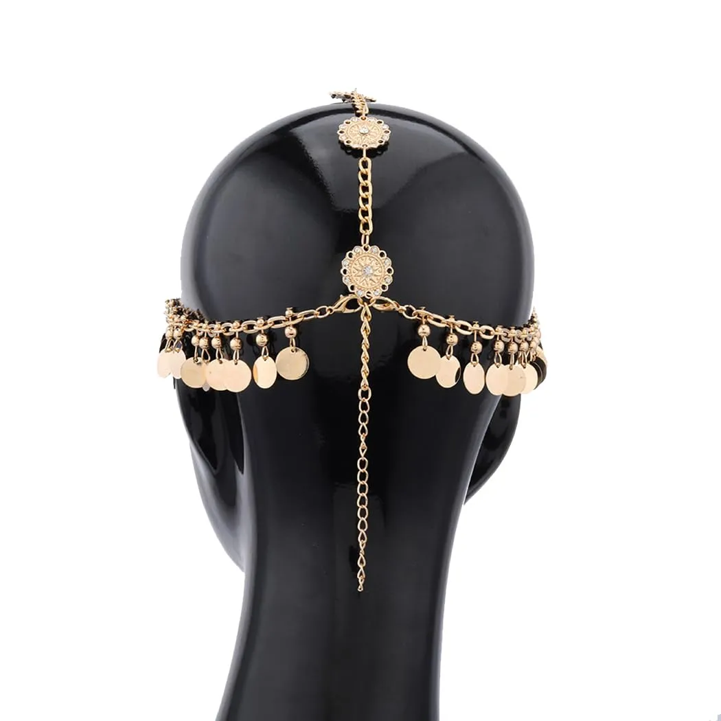 Boho Gold Head Chain Layered Coins Pendant Headband Chain Indian Sequins Forehead Chain for Women (Gold-B)