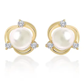 Brass 18k Rose Gold Floral Pearl Studs Earring Pair For Women