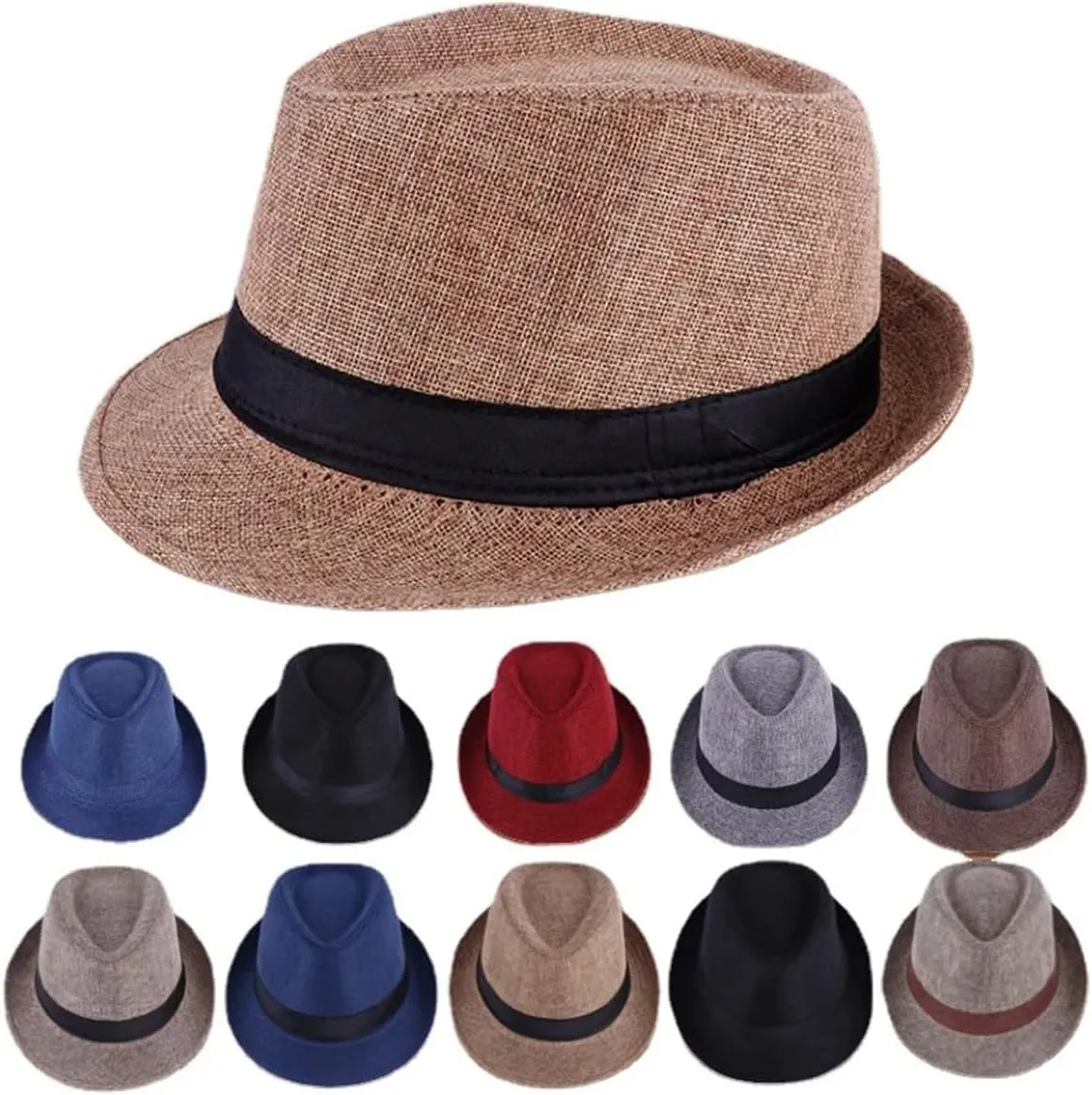 Classic Fedora Hats for Adult, Short Brim Jazz Panama Hat Summer Beach Sun Cap with Band for Men Women