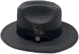 Classic Panama Style Fedora Hat with Feather Detail, Brown, Black Band