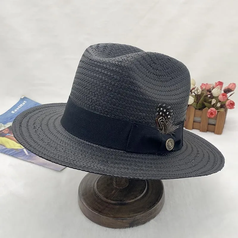 Classic Panama Style Fedora Hat with Feather Detail, Brown, Black Band