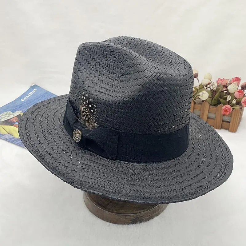 Classic Panama Style Fedora Hat with Feather Detail, Brown, Black Band
