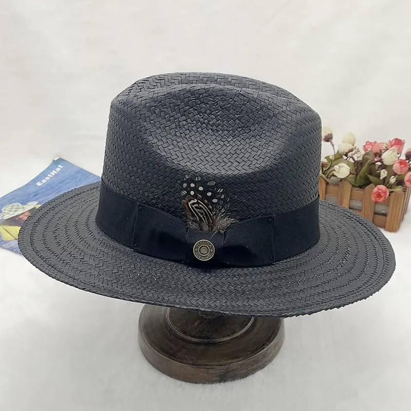 Classic Panama Style Fedora Hat with Feather Detail, Brown, Black Band