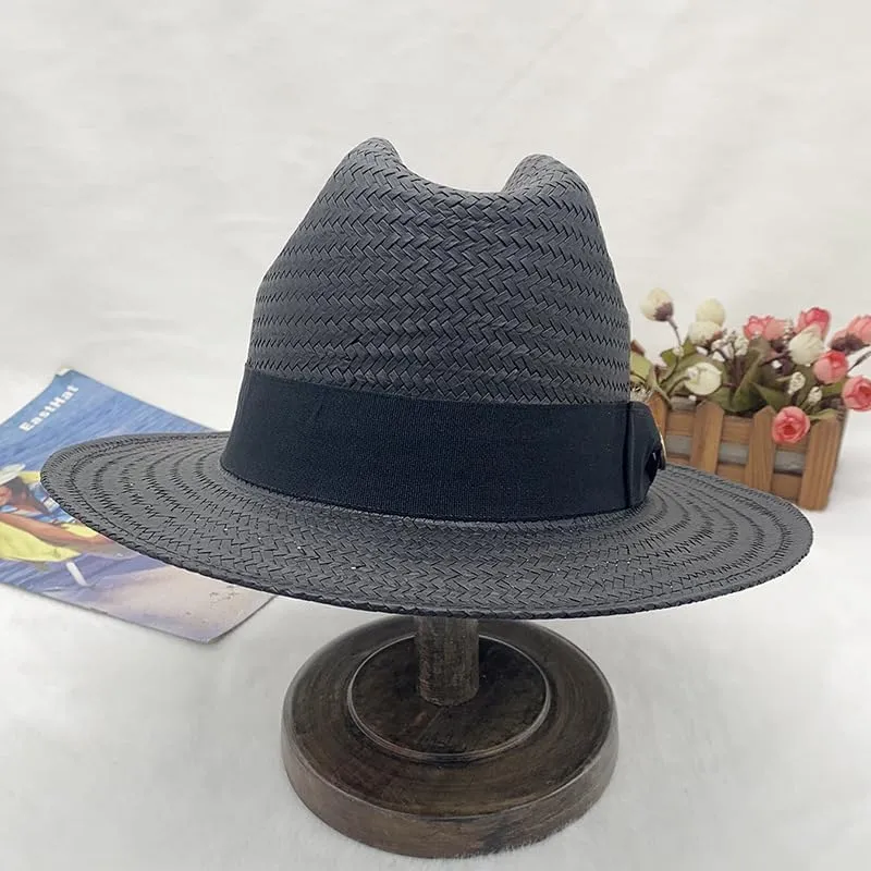 Classic Panama Style Fedora Hat with Feather Detail, Brown, Black Band