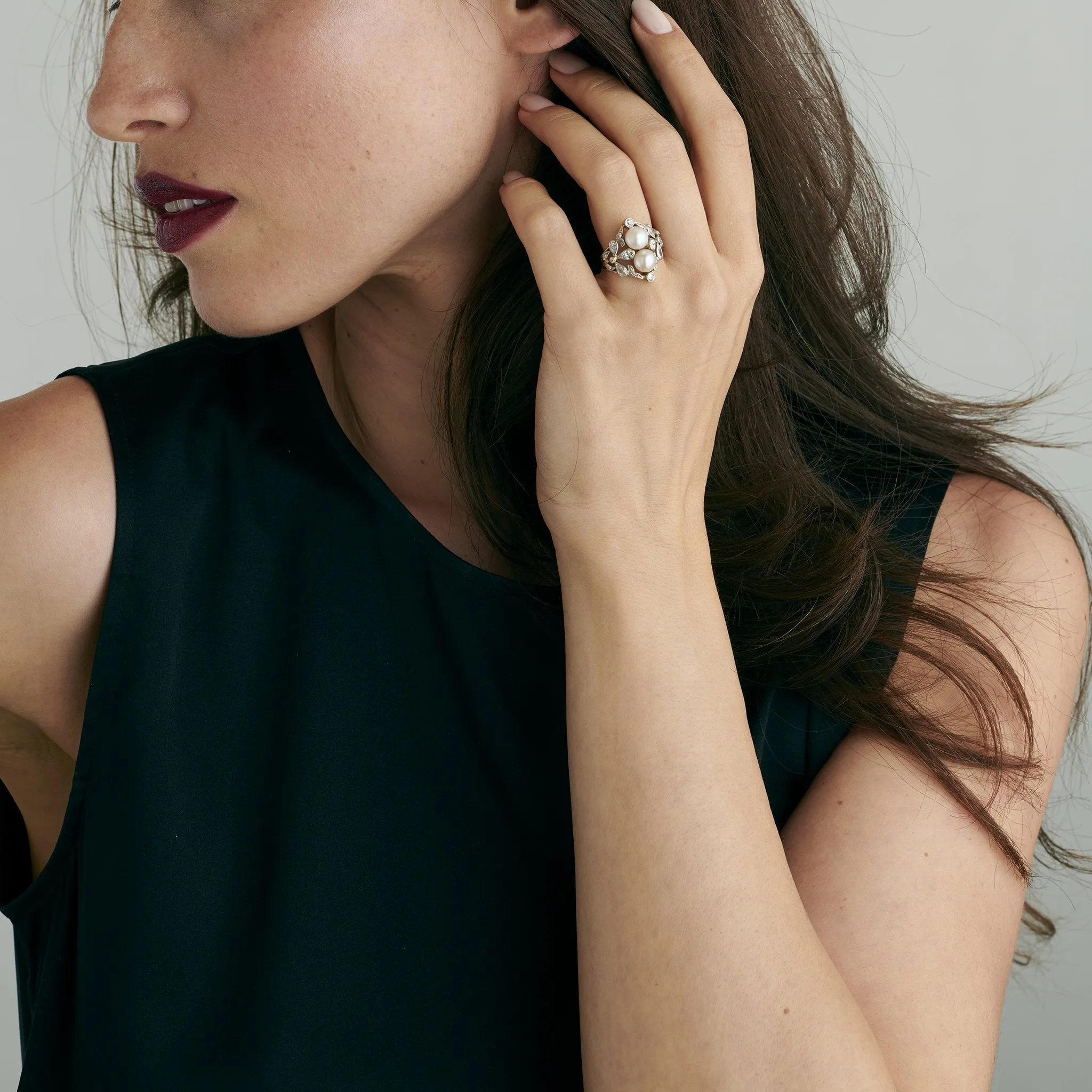 Double Pearl and Diamond Ring