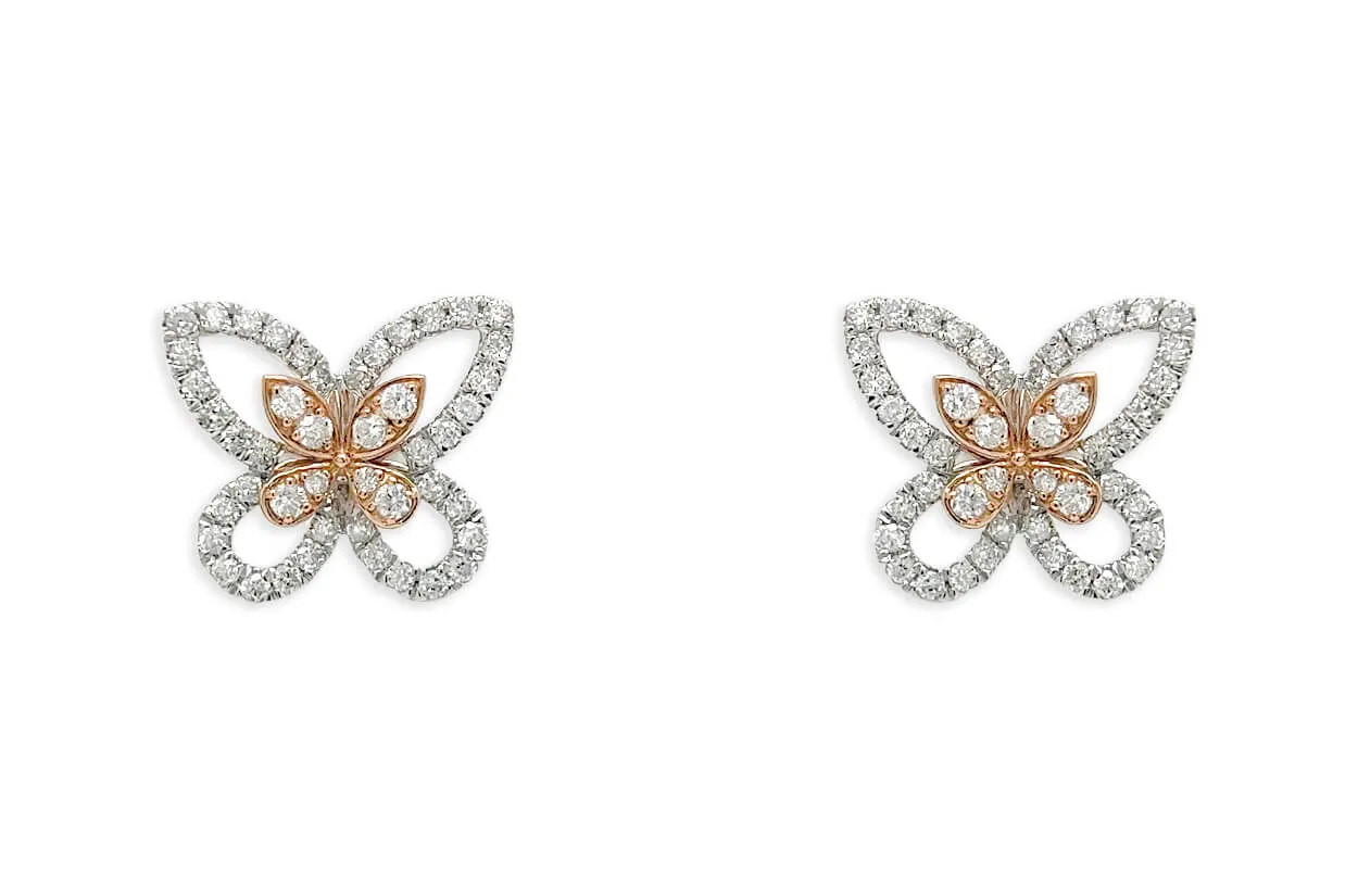 Earrings 18kt Mixed Gold & Diamonds Butterflies Studs