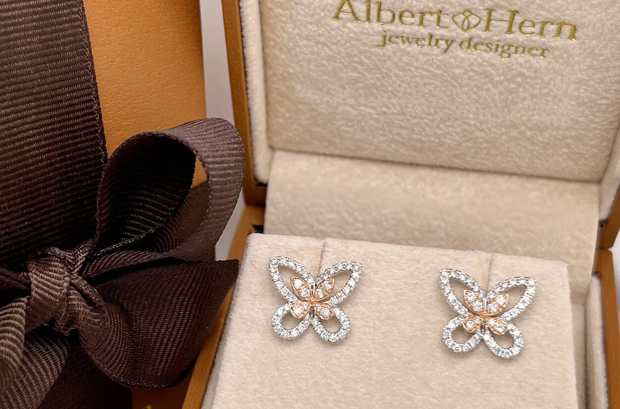 Earrings 18kt Mixed Gold & Diamonds Butterflies Studs