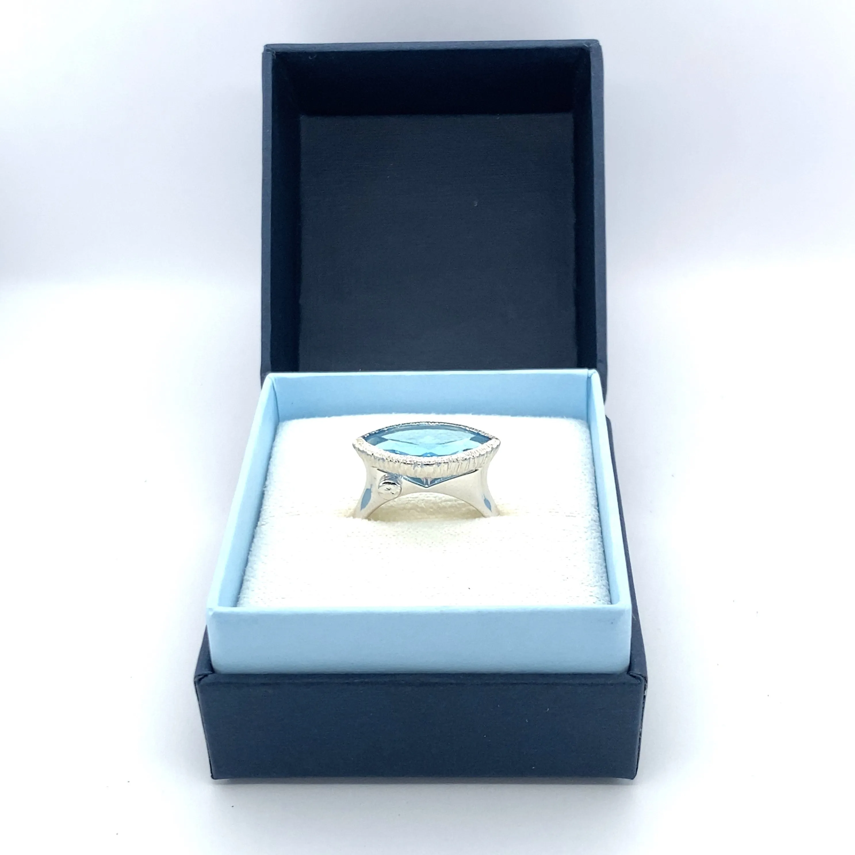 East West Marquise Blue Topaz Ring - White Rhodium