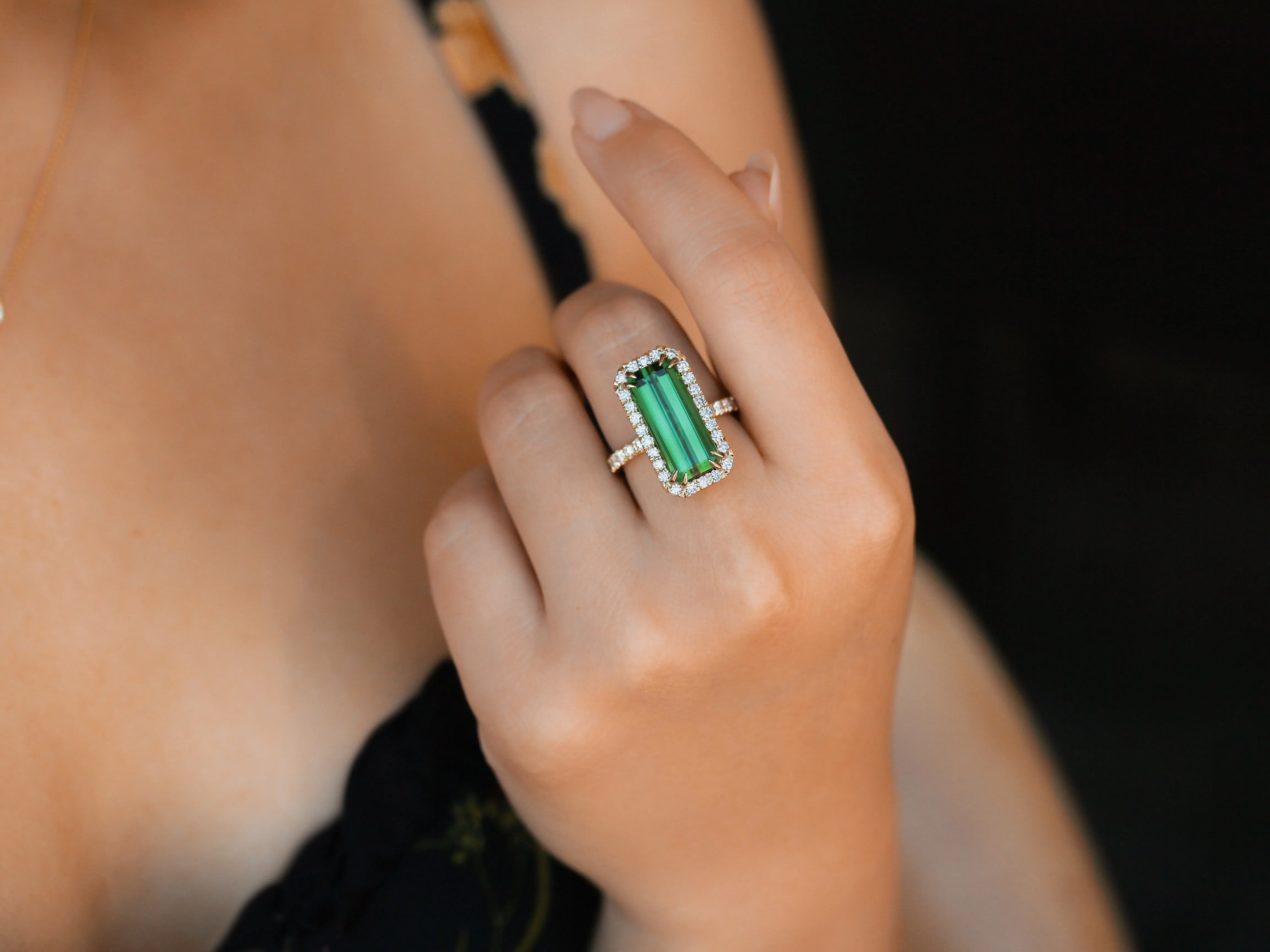 Elongated Double-Prong Green Tourmaline Ring