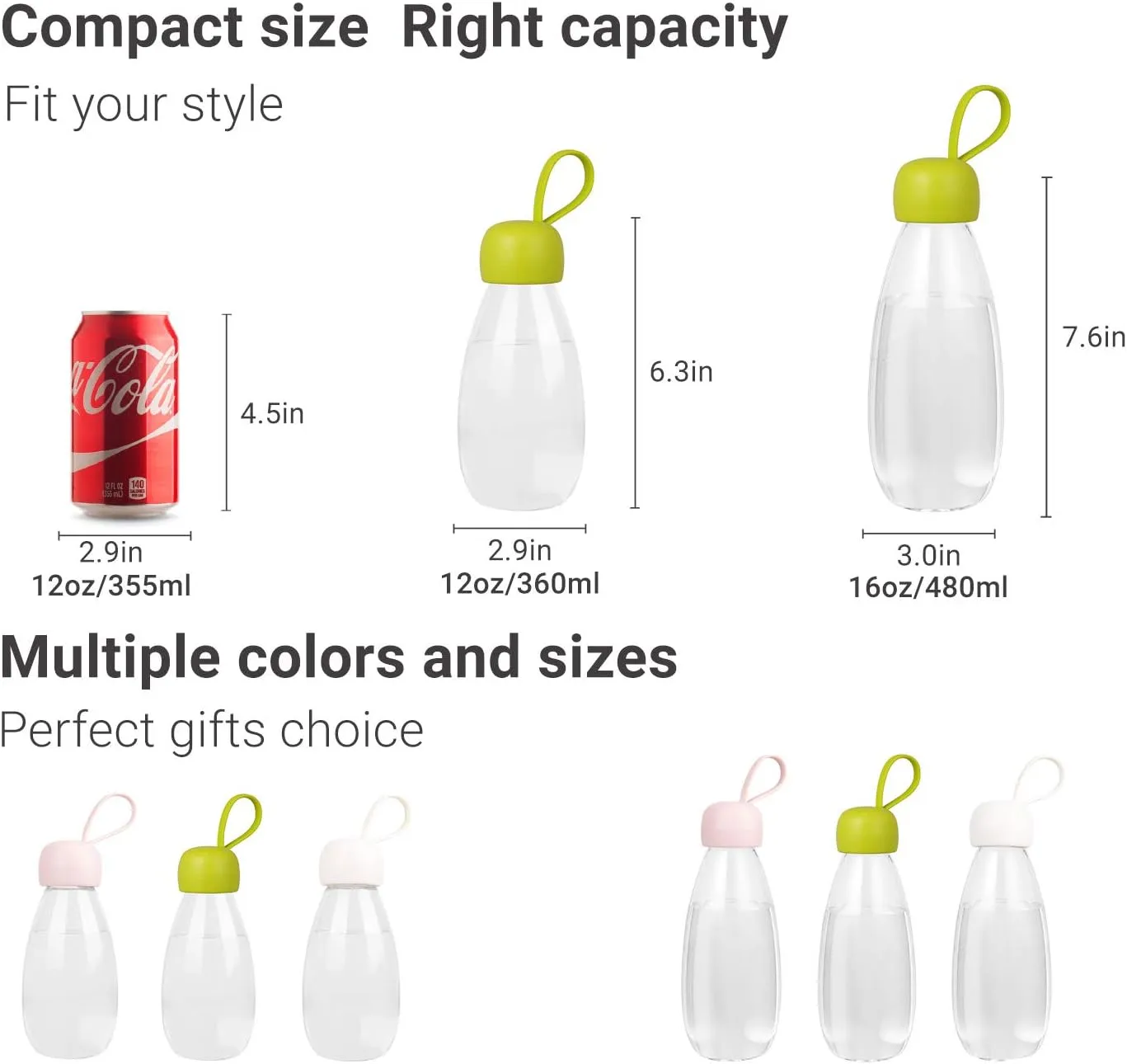 emoi BPA Free Water Bottle, 12oz/360ml Cute Water Bottle with Carrying Strap, Ideal for Kids Boys Girls Students Women Healthy Hydration-Green