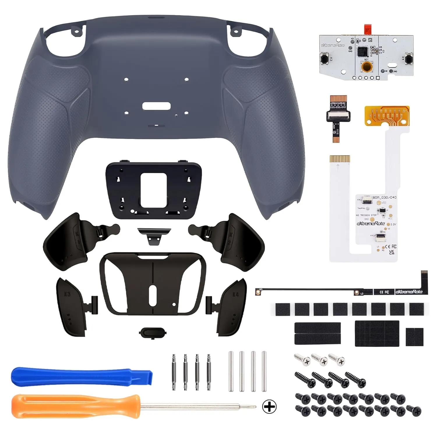 eXtremeRate Real Metal Buttons RMB RISE4 V3 Remap Kit for PS5 Controller BDM-030 040 050, Redesigned Sterling Silver Rubberized Grip Bottom Shell Upgrade Board 4 Back Paddles Set for PS5 Controller