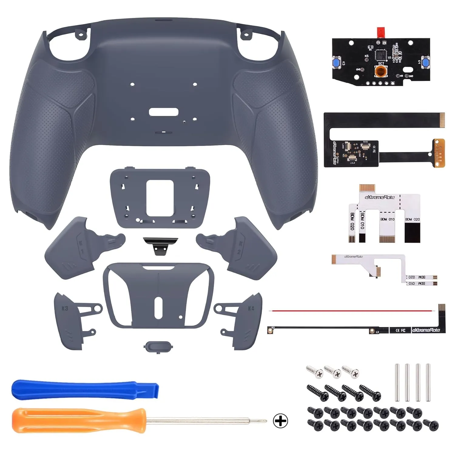 eXtremeRate Sterling Silver Rubberized Grip Programable RISE4 Remap Kit for PS5 Controller BDM-010 BDM-020, Upgrade Board, Redesigned Back Shell, 4 Back Buttons for PS5 Controller - Without Controller