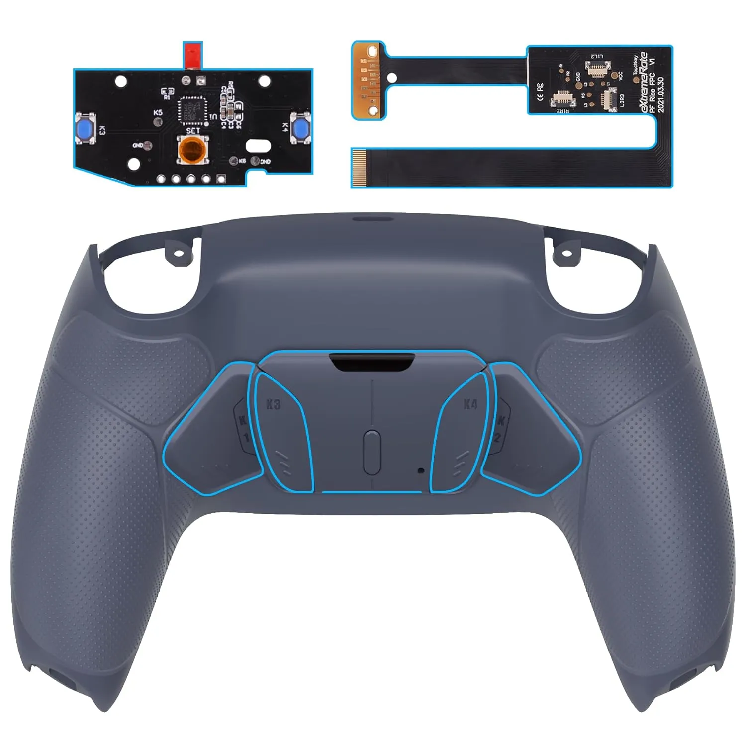 eXtremeRate Sterling Silver Rubberized Grip Programable RISE4 Remap Kit for PS5 Controller BDM-010 BDM-020, Upgrade Board, Redesigned Back Shell, 4 Back Buttons for PS5 Controller - Without Controller