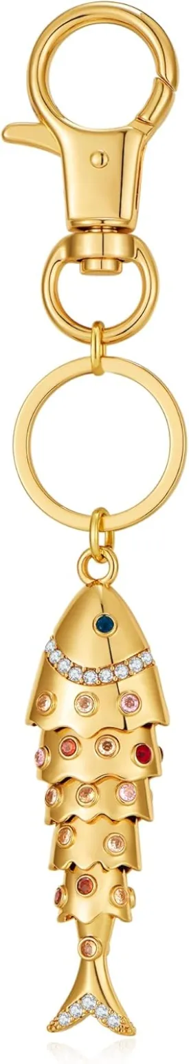 Fish Keychain For Women With Colorful Rhinestones Trendy Gold Bag Fish Charm Chain Key Pendant Purse Charms Chic Car Key Chain Fashion Jewelry Gift