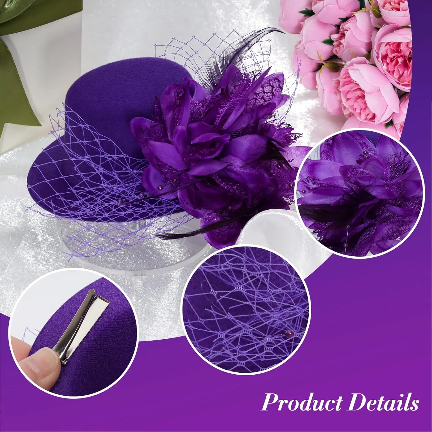 Fumwase Flower Mini Top Hat Hair Clip Small Tea Party Hats Fancy Hats with Clip Fascinators Headwear for Women Ladies