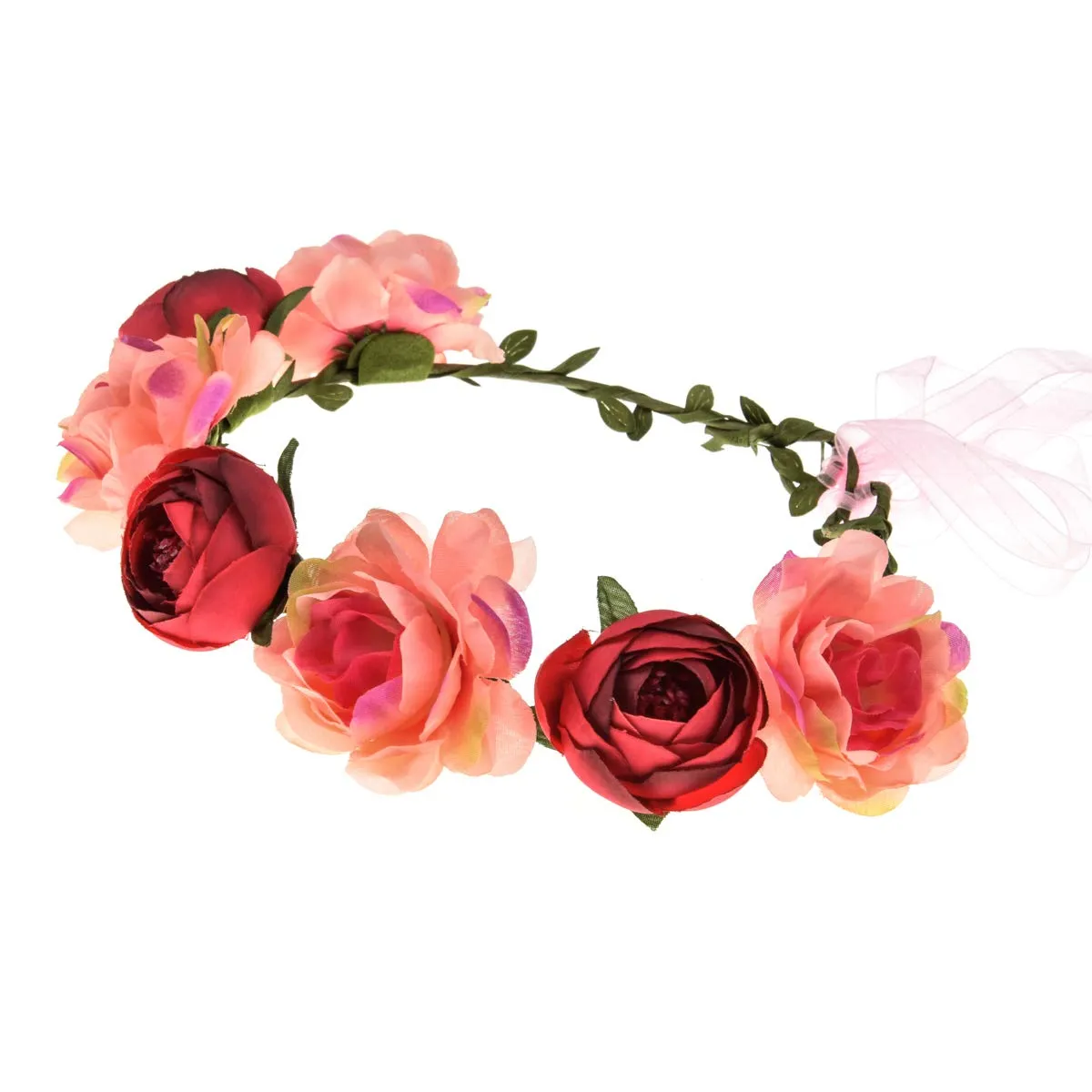 June Bloomy Women Rose Floral Crown Hair Wreath Leave Flower Headband with Adjustable Ribbon (Coral Peach)