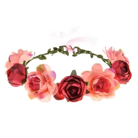 June Bloomy Women Rose Floral Crown Hair Wreath Leave Flower Headband with Adjustable Ribbon (Coral Peach)