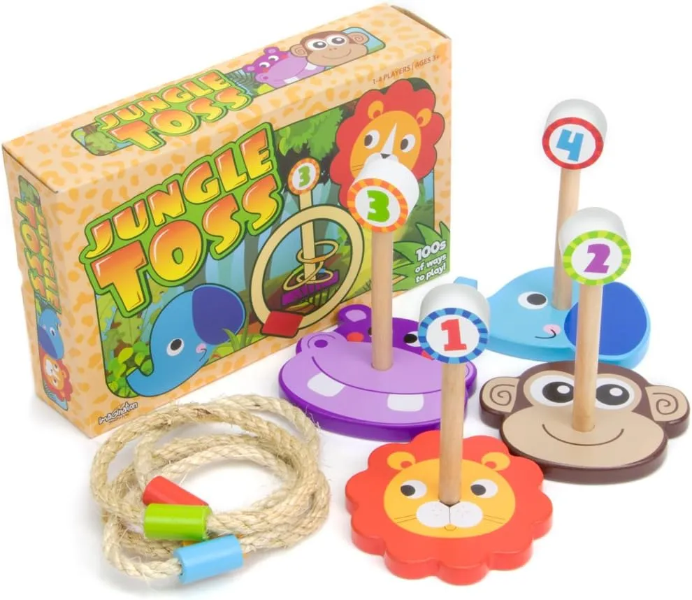 Jungle Ring Toss Game, Indoor/Outdoor Family Fun with 4 Wooden Zoo Animal Targets by Imagination Generation