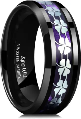 King Will 8mm Tungsten Clover Wedding Band for Men Gunmetal Ring Shell Plated Four Leaf Clover Inlay High Polish Beveled Edge Engagement Rings Comfort Fit Size 7-14