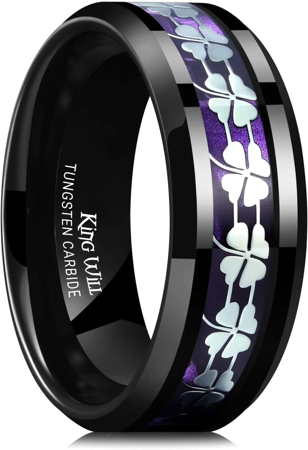 King Will 8mm Tungsten Clover Wedding Band for Men Gunmetal Ring Shell Plated Four Leaf Clover Inlay High Polish Beveled Edge Engagement Rings Comfort Fit Size 7-14