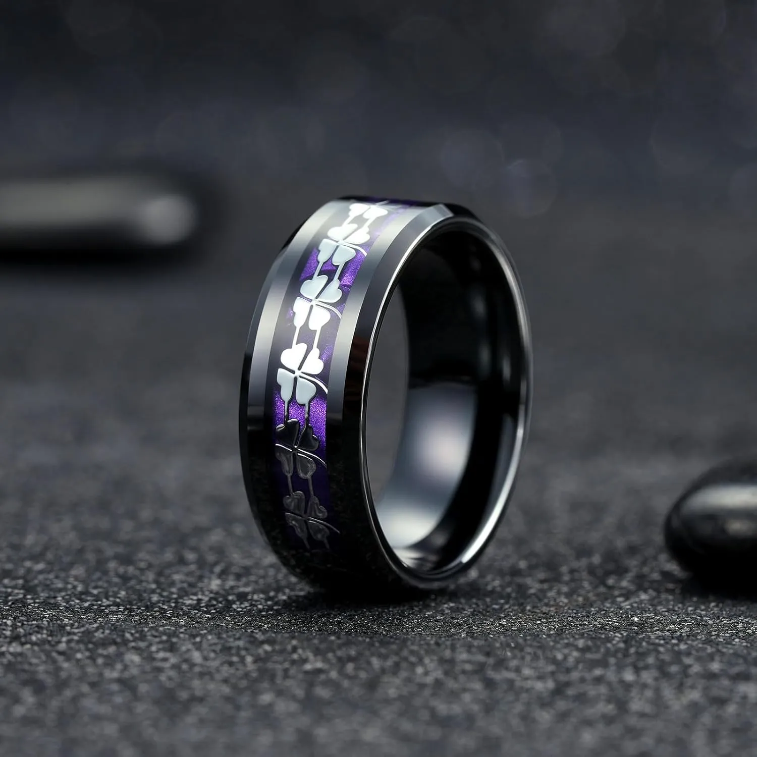 King Will 8mm Tungsten Clover Wedding Band for Men Gunmetal Ring Shell Plated Four Leaf Clover Inlay High Polish Beveled Edge Engagement Rings Comfort Fit Size 7-14