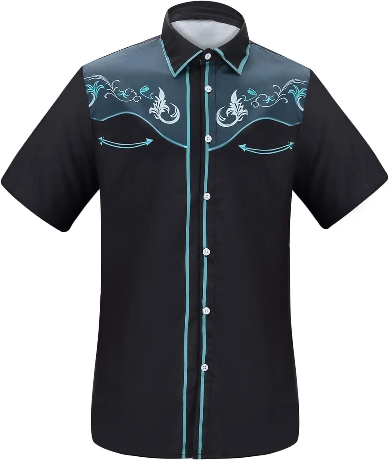 Men's Cowboy Shirts Embroidered Rose Design Big and Tall Casual Loose Tee Tops Western Short Sleeve Button Down