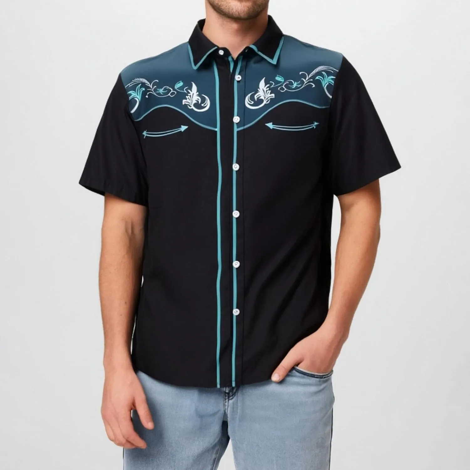 Men's Cowboy Shirts Embroidered Rose Design Big and Tall Casual Loose Tee Tops Western Short Sleeve Button Down