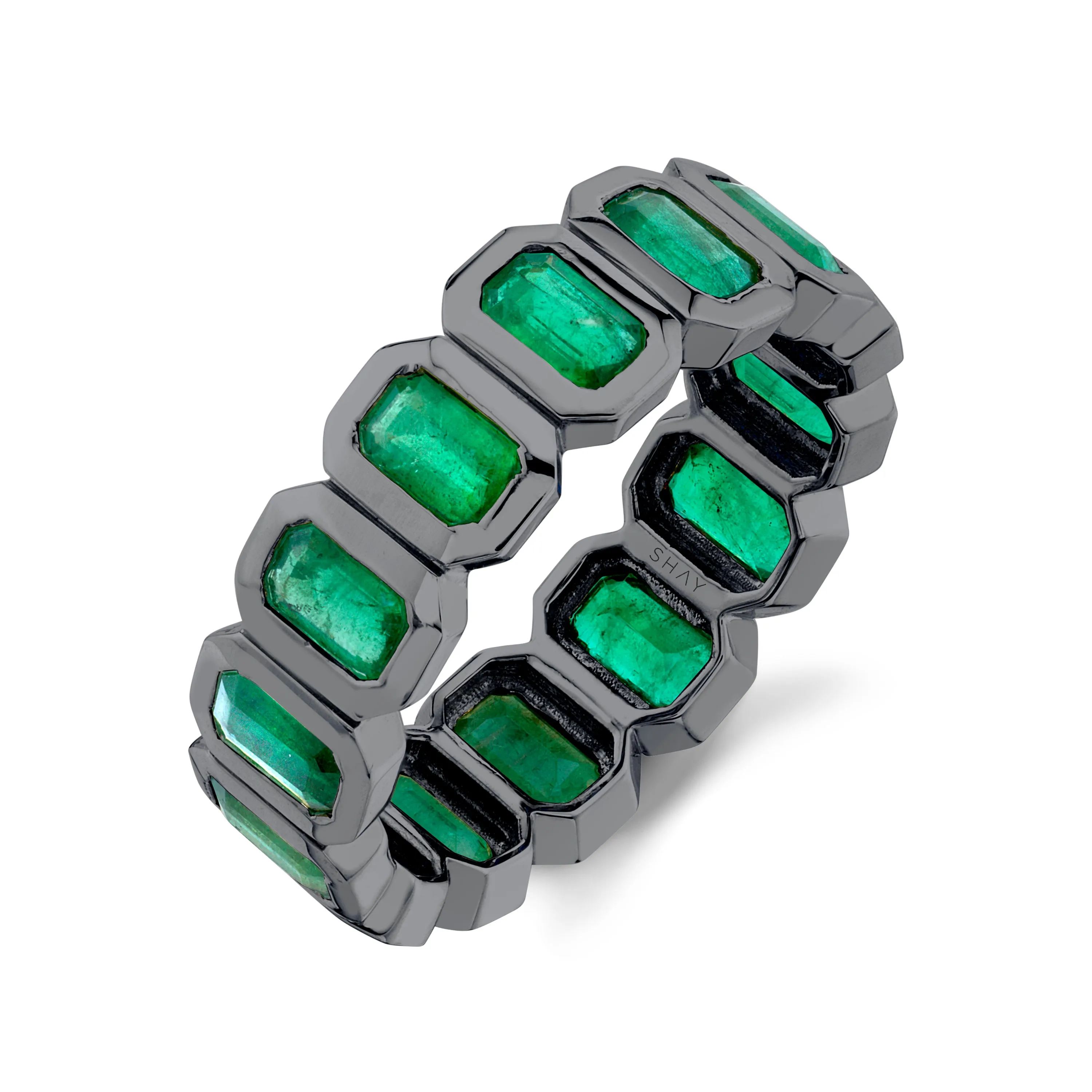 Mens Classic Emerald Eternity Band with Bezel Setting