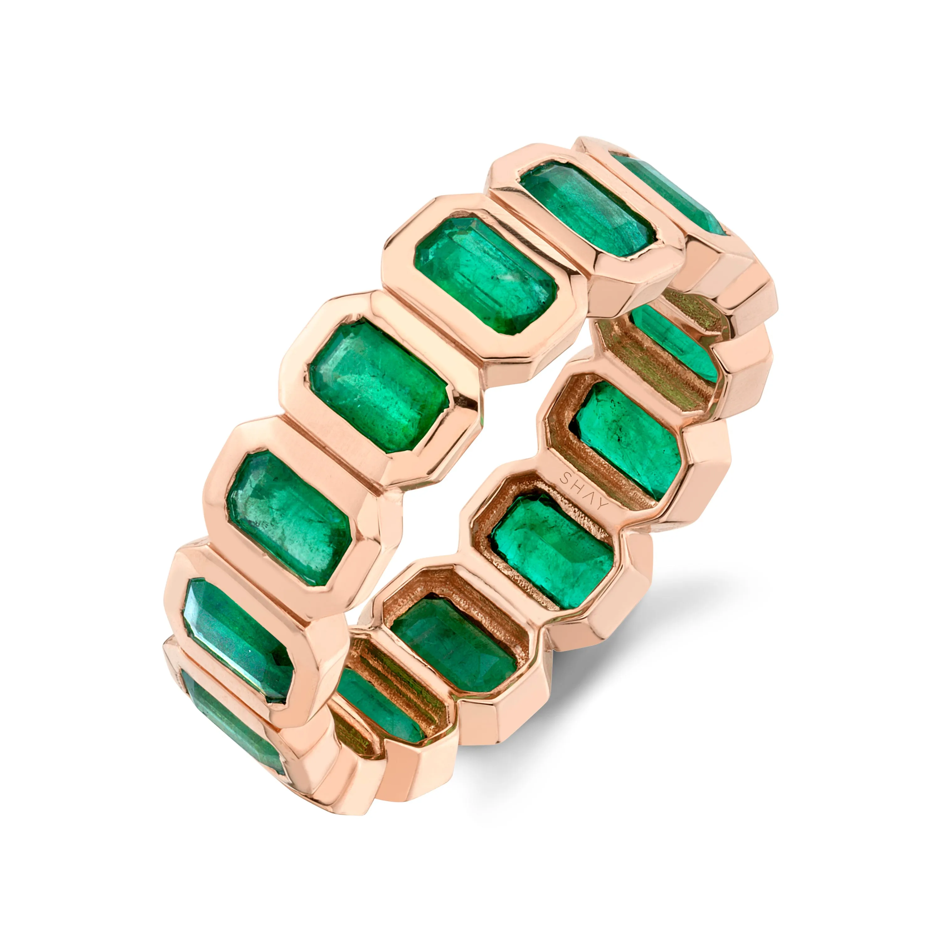 Mens Classic Emerald Eternity Band with Bezel Setting