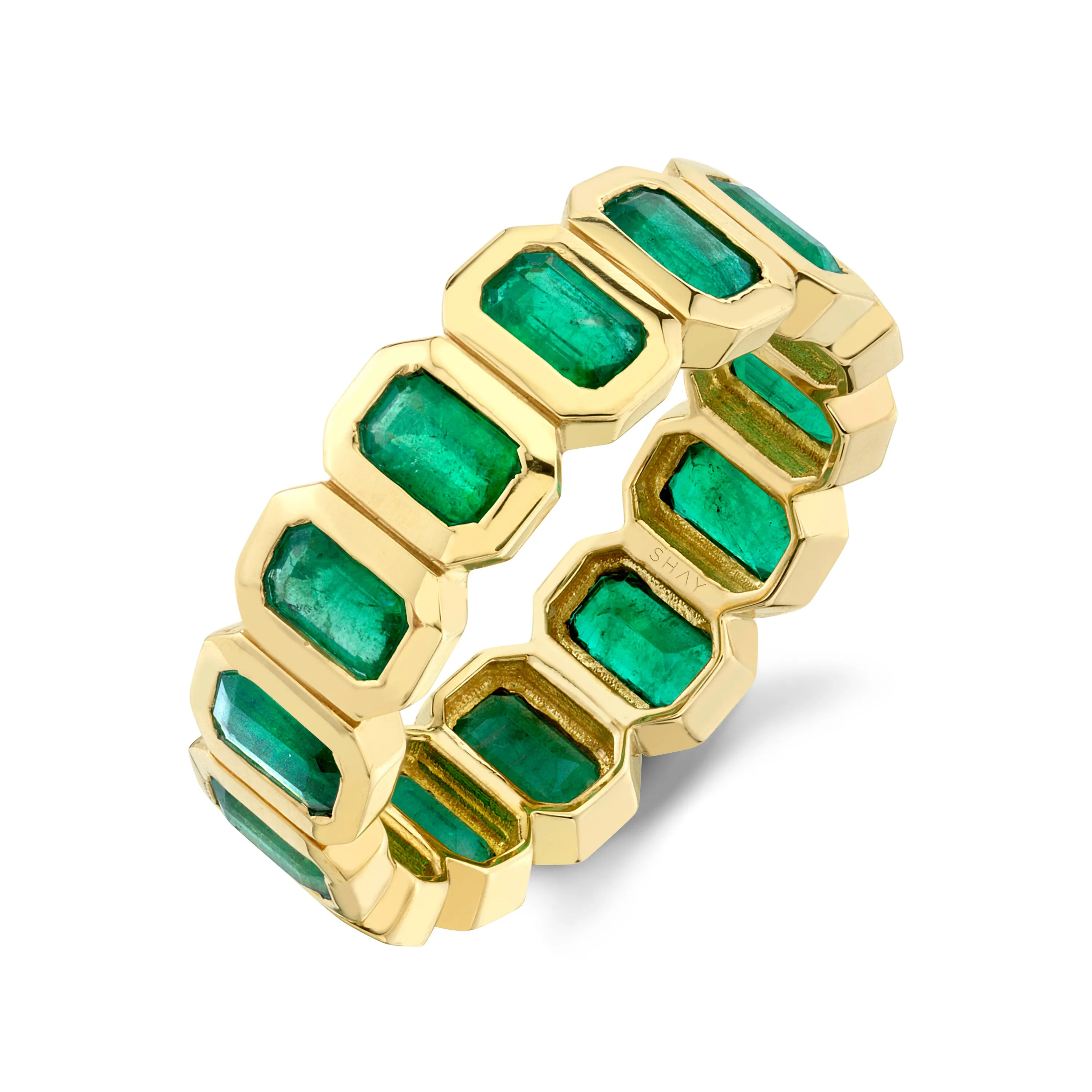 Mens Classic Emerald Eternity Band with Bezel Setting
