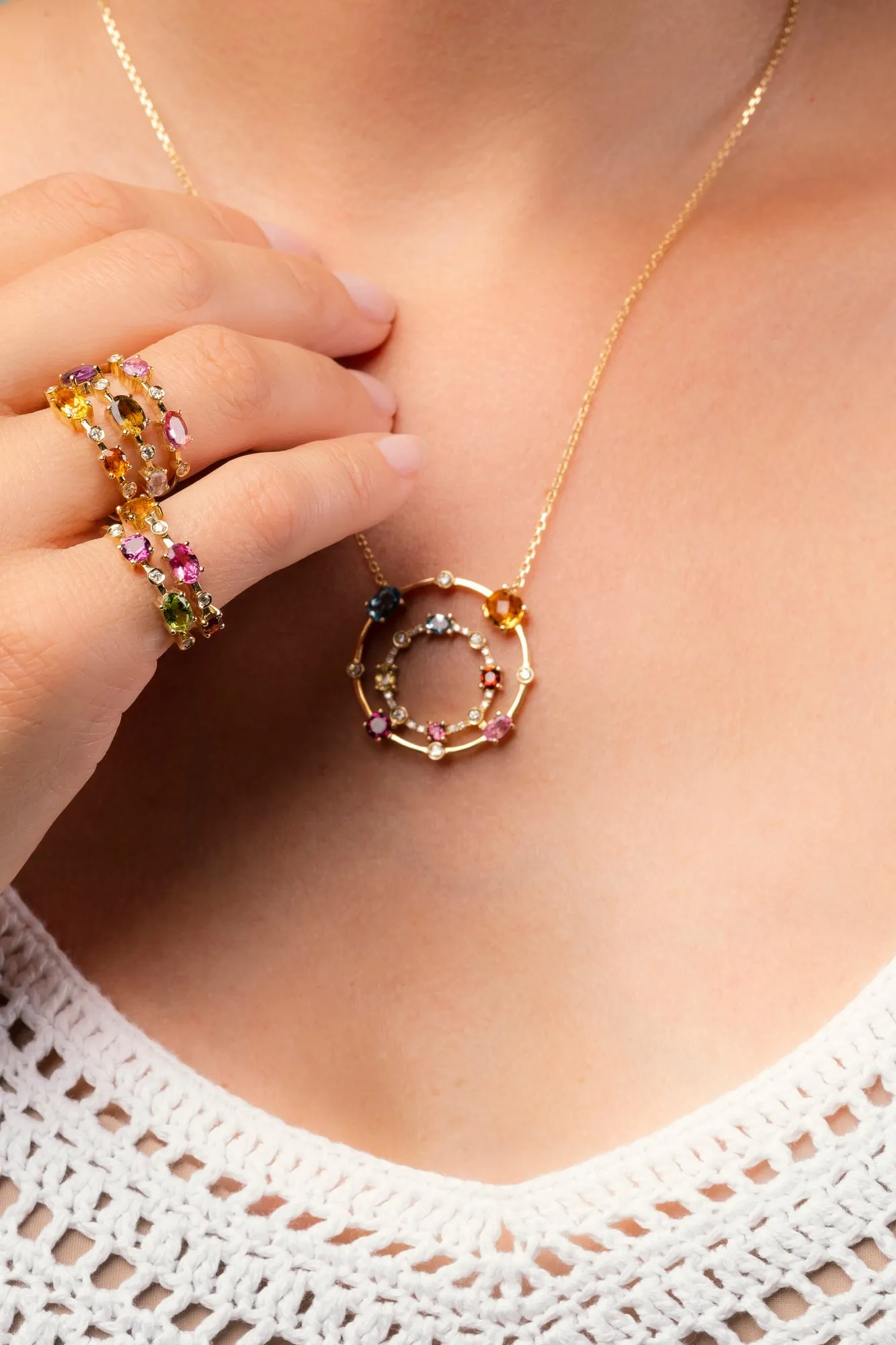 Multi coloured gemstones & diamonds 18k yellow gold pendant