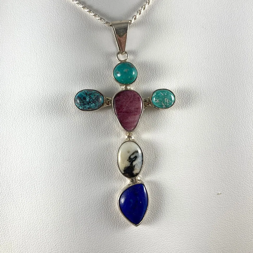Multi-Stone & Sterling Silver Cross Pendant