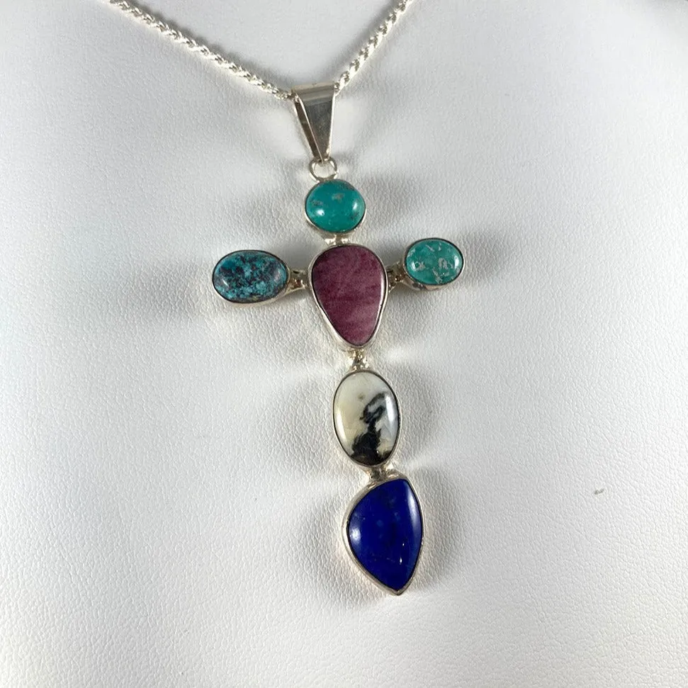 Multi-Stone & Sterling Silver Cross Pendant