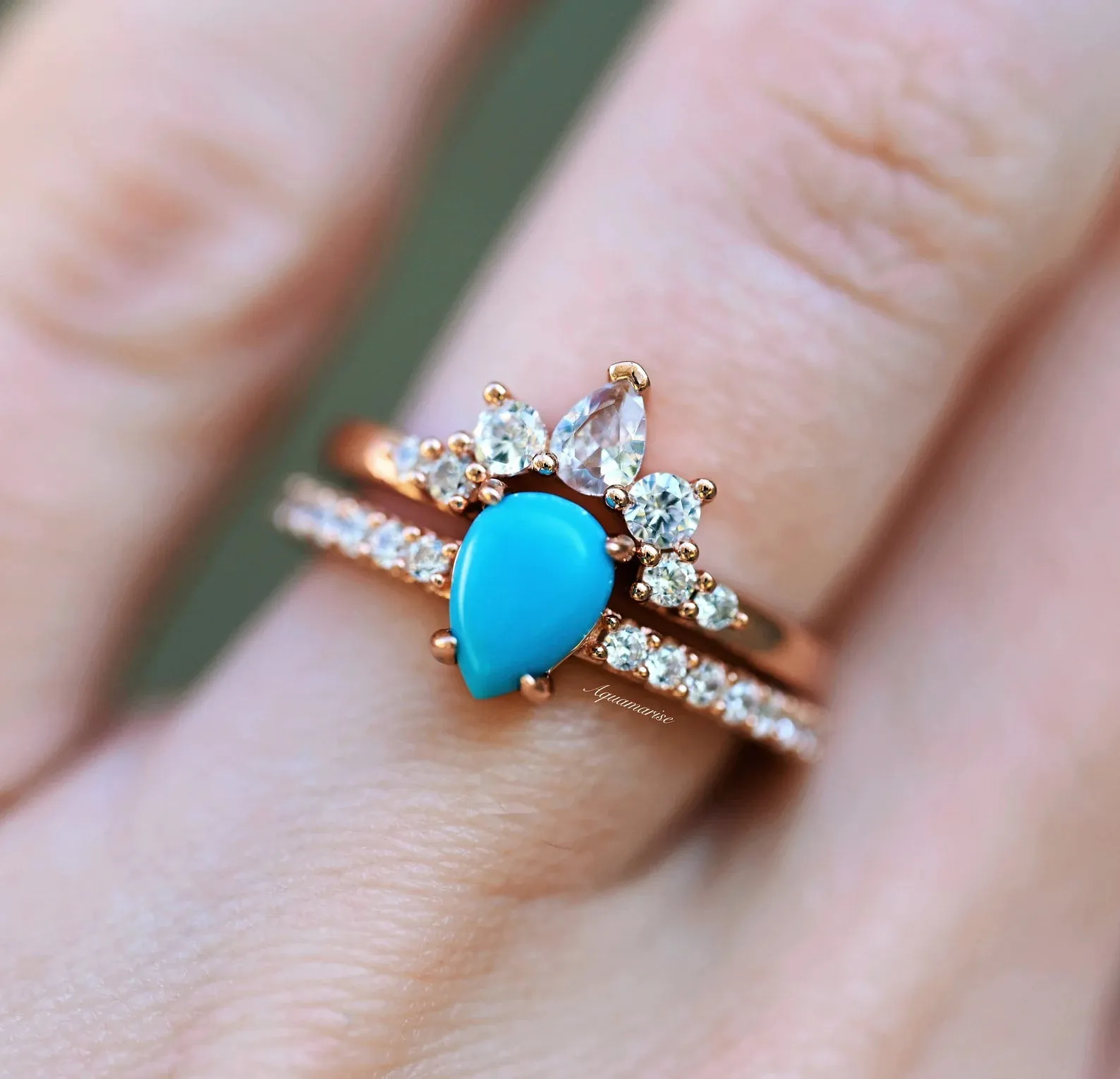 Natural Turquoise Ring Set- 14K Rose Gold Vermeil