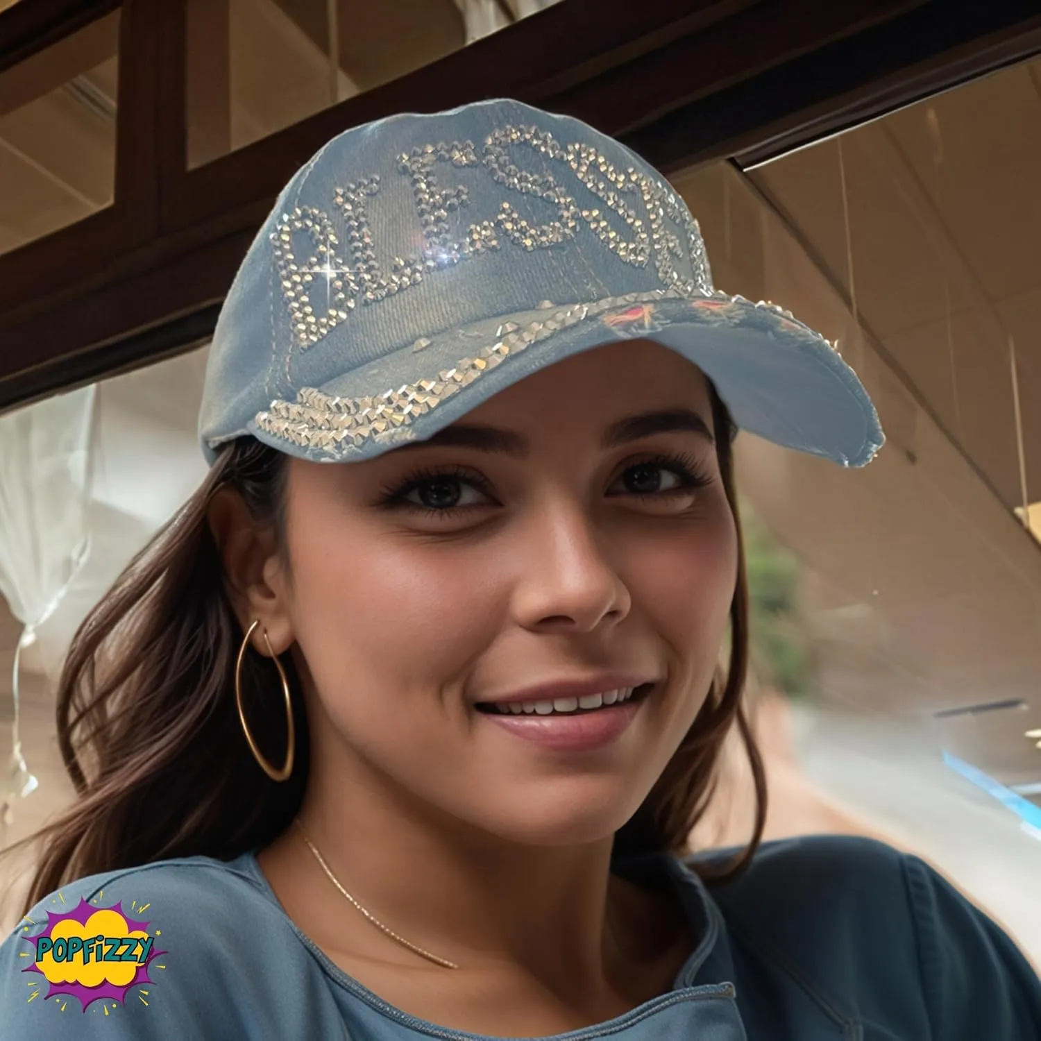 Popfizzy Bedazzled Hat for Women and Girls, Rhinestone Denim and Diamond Hat, Fun Adult Bling Hats, Sparkly Gifts, One Size