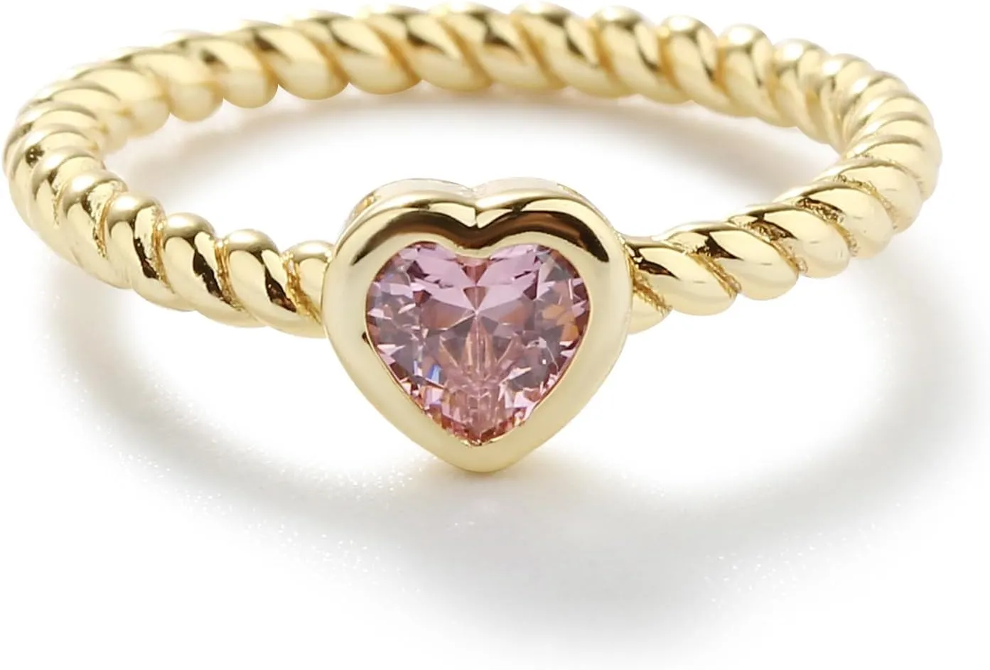 Precious Pieces 14 Gold-Plated Twisted Rope Band Baby Ring with Heart CZ Birthstone or Babies, Infants, Toddlers, Little Girls, Stackable or Pinky Jewelry for Teens and Women