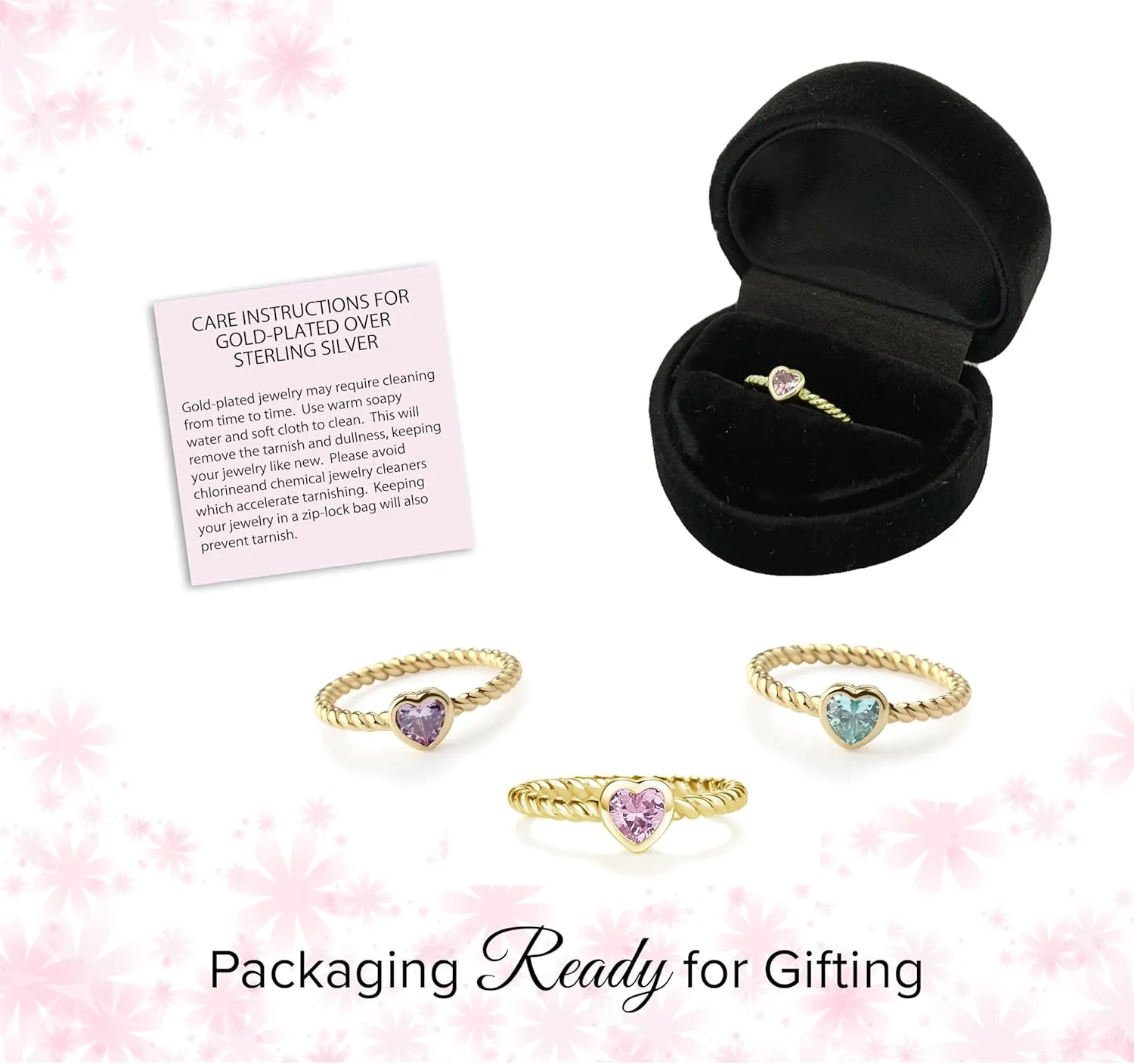 Precious Pieces 14 Gold-Plated Twisted Rope Band Baby Ring with Heart CZ Birthstone or Babies, Infants, Toddlers, Little Girls, Stackable or Pinky Jewelry for Teens and Women