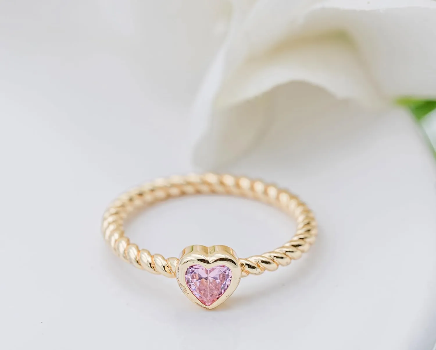 Precious Pieces 14 Gold-Plated Twisted Rope Band Baby Ring with Heart CZ Birthstone or Babies, Infants, Toddlers, Little Girls, Stackable or Pinky Jewelry for Teens and Women
