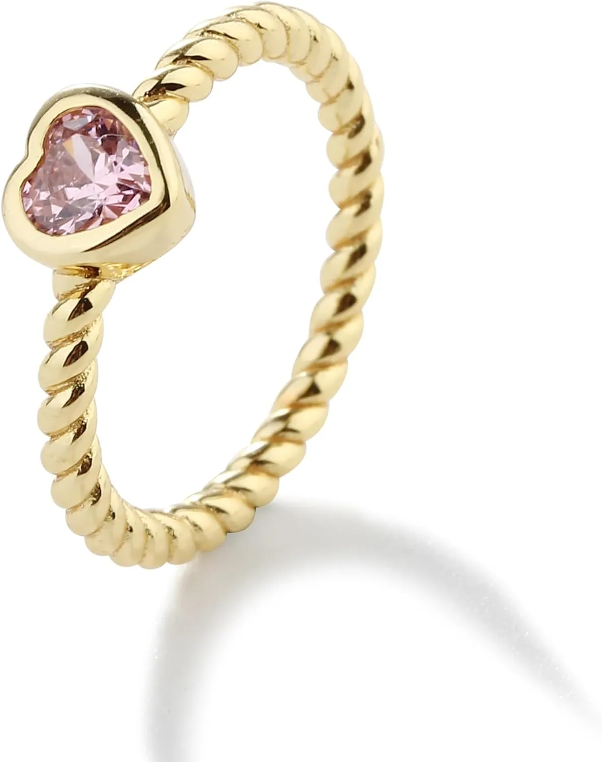 Precious Pieces 14 Gold-Plated Twisted Rope Band Baby Ring with Heart CZ Birthstone or Babies, Infants, Toddlers, Little Girls, Stackable or Pinky Jewelry for Teens and Women