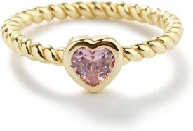Precious Pieces 14 Gold-Plated Twisted Rope Band Baby Ring with Heart CZ Birthstone or Babies, Infants, Toddlers, Little Girls, Stackable or Pinky Jewelry for Teens and Women