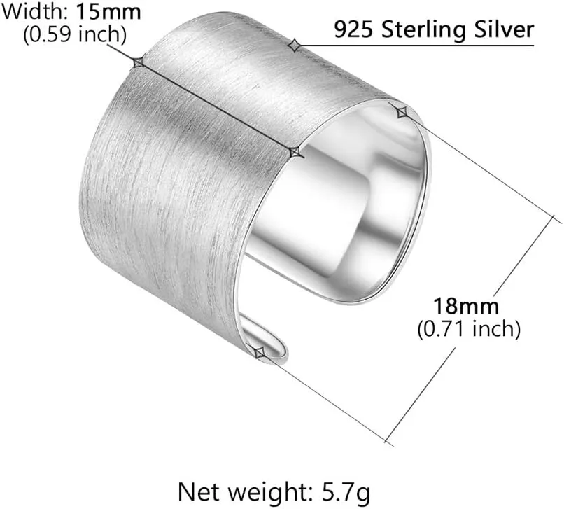 PROSTEEL 925 Sterling Silver Ring, Flat Plain Wide Band Ring Adjustable, Mens Womens Jewelry