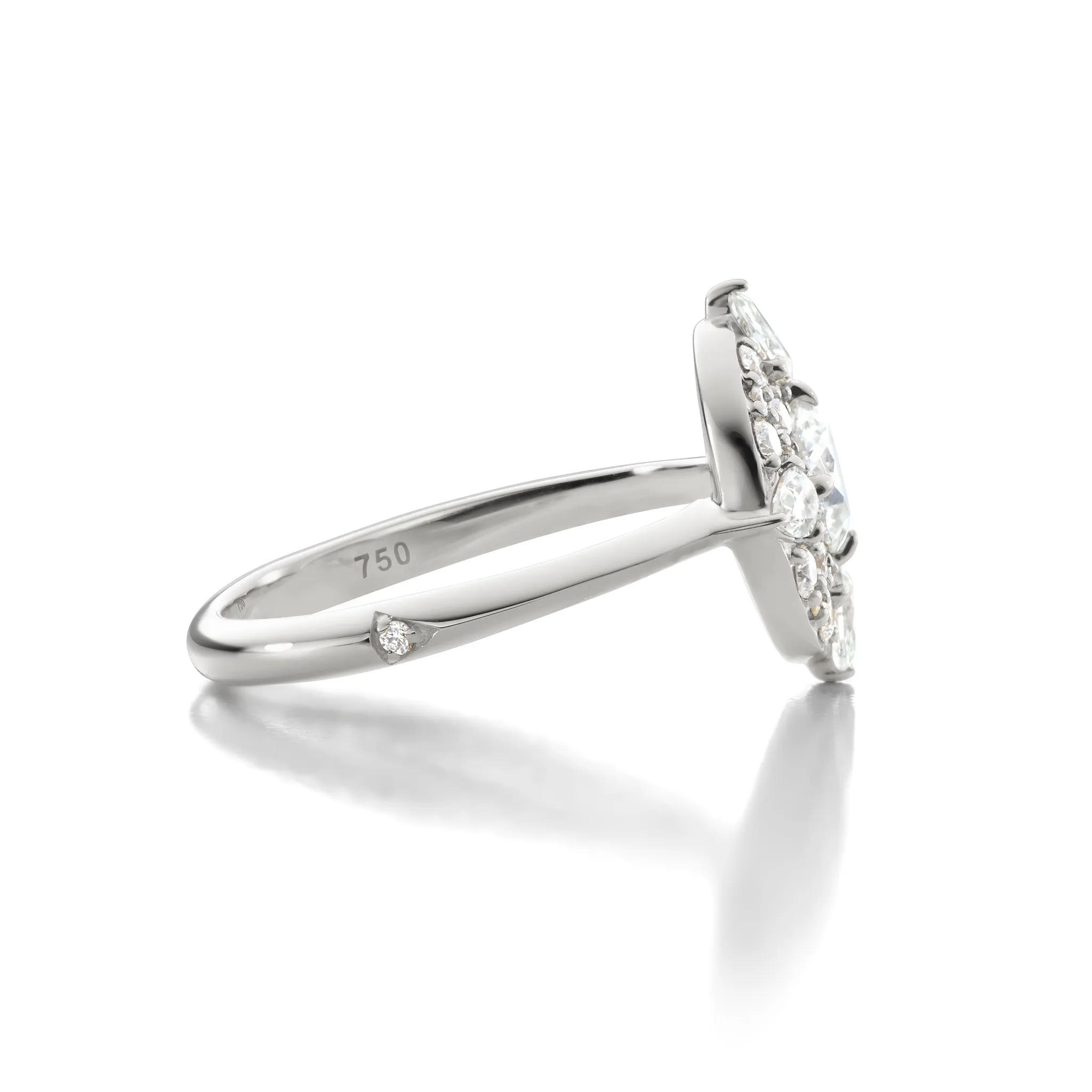 "Points North" Diamond 18K White Gold Ring with Round and Pear Shaped Diamonds