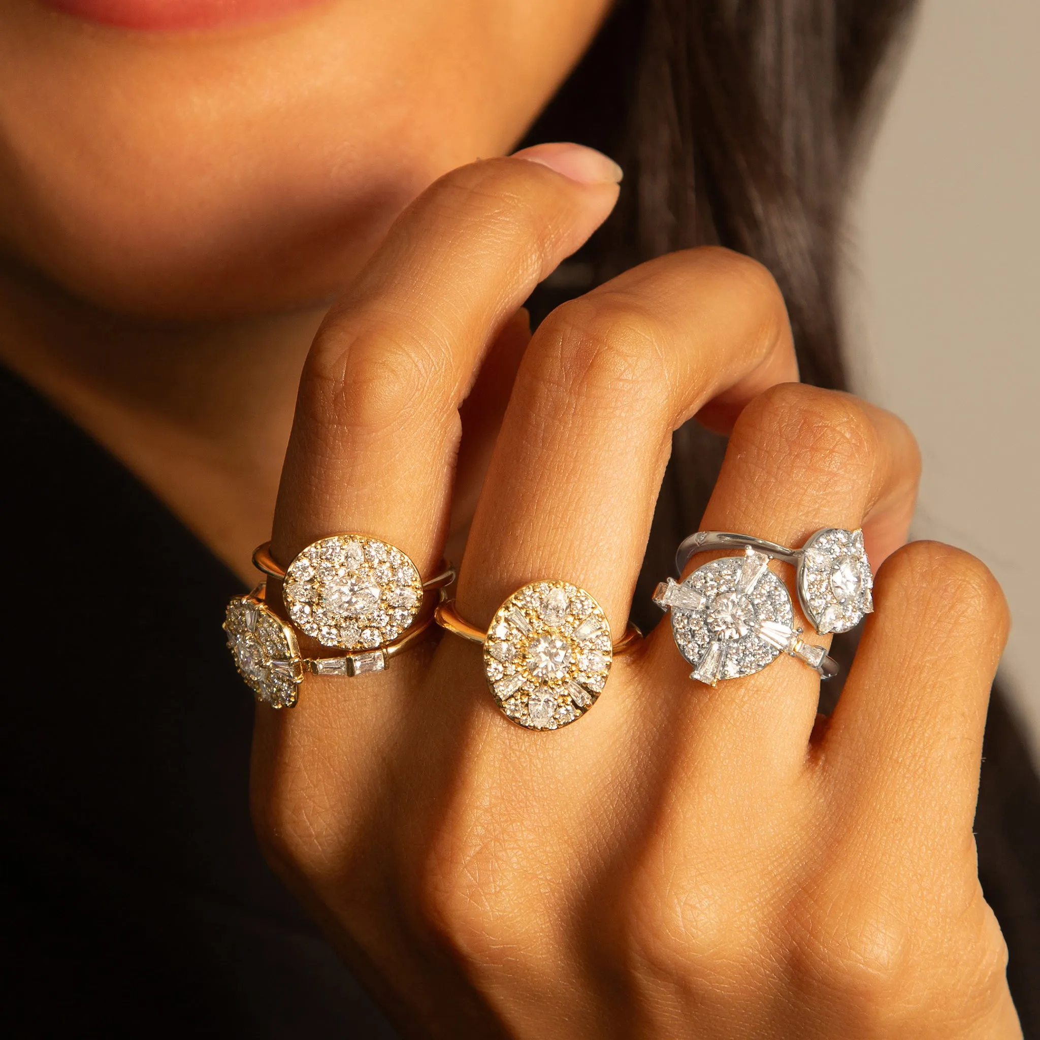 "Points North" Diamond 18K White Gold Ring with Round and Pear Shaped Diamonds