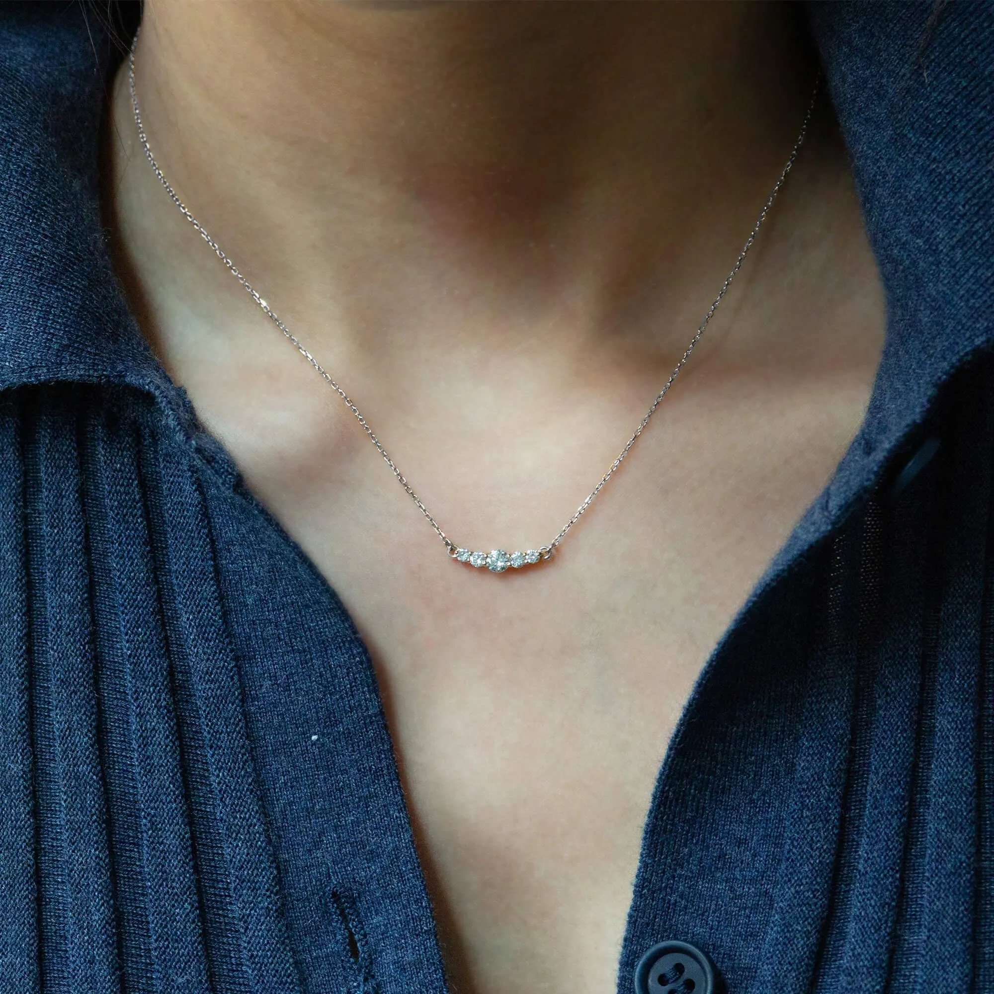 Reclaimed 18K White Gold and Round Diamond Necklace, 5 Diamonds
