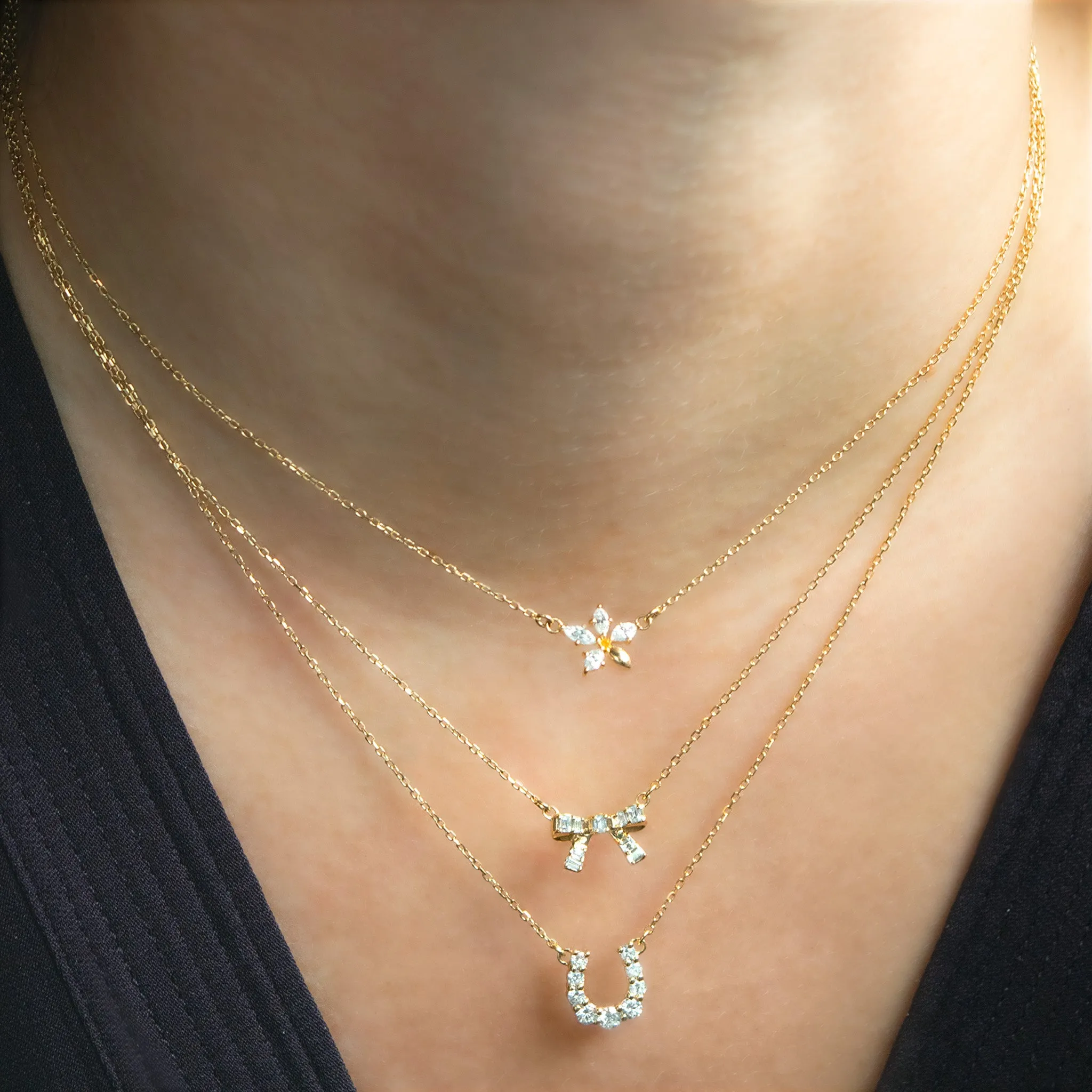 Reclaimed 18K Yellow Gold and Round Diamond Horseshoe Necklace, 9 Diamonds