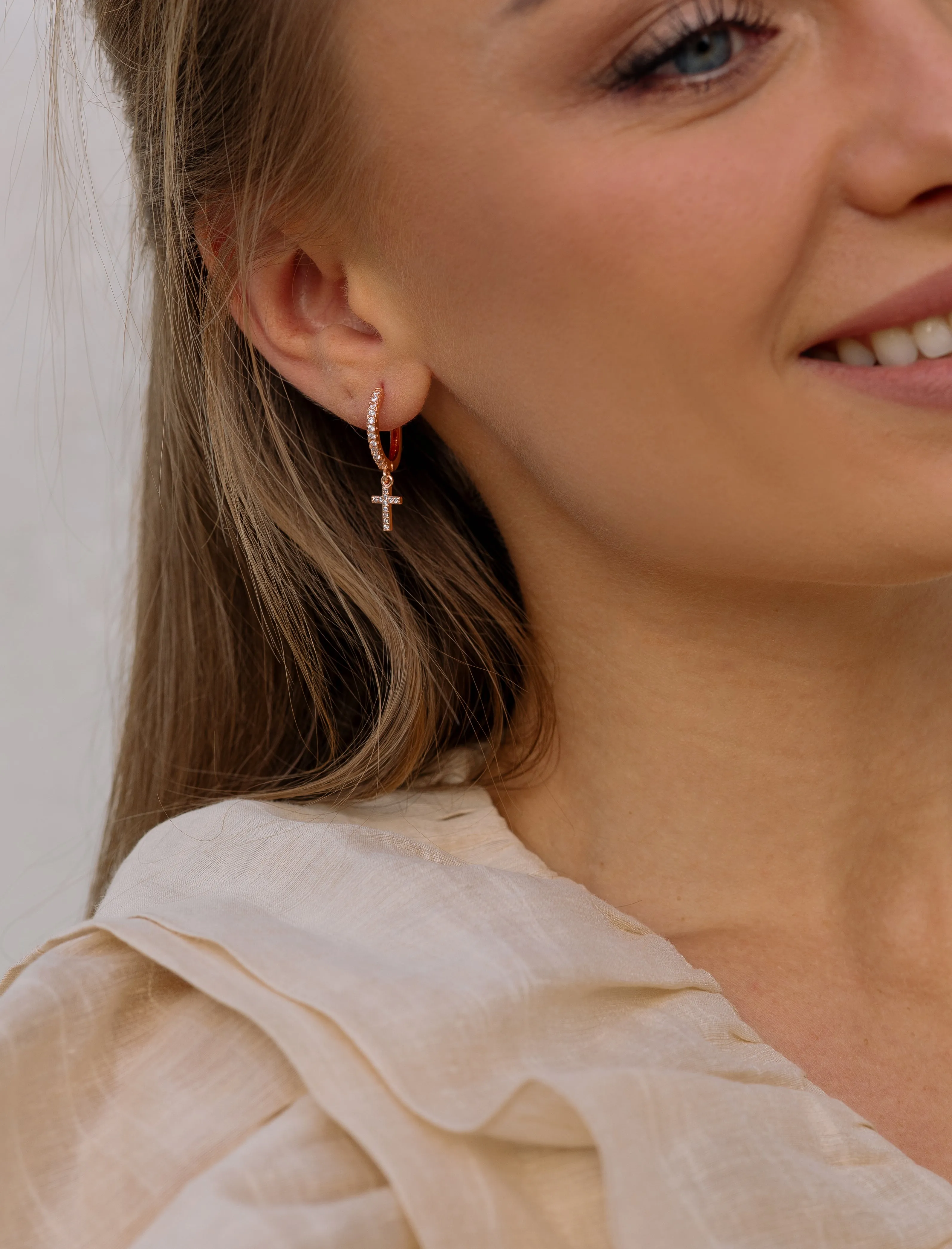 Rose Gold Pave Cross Hoops