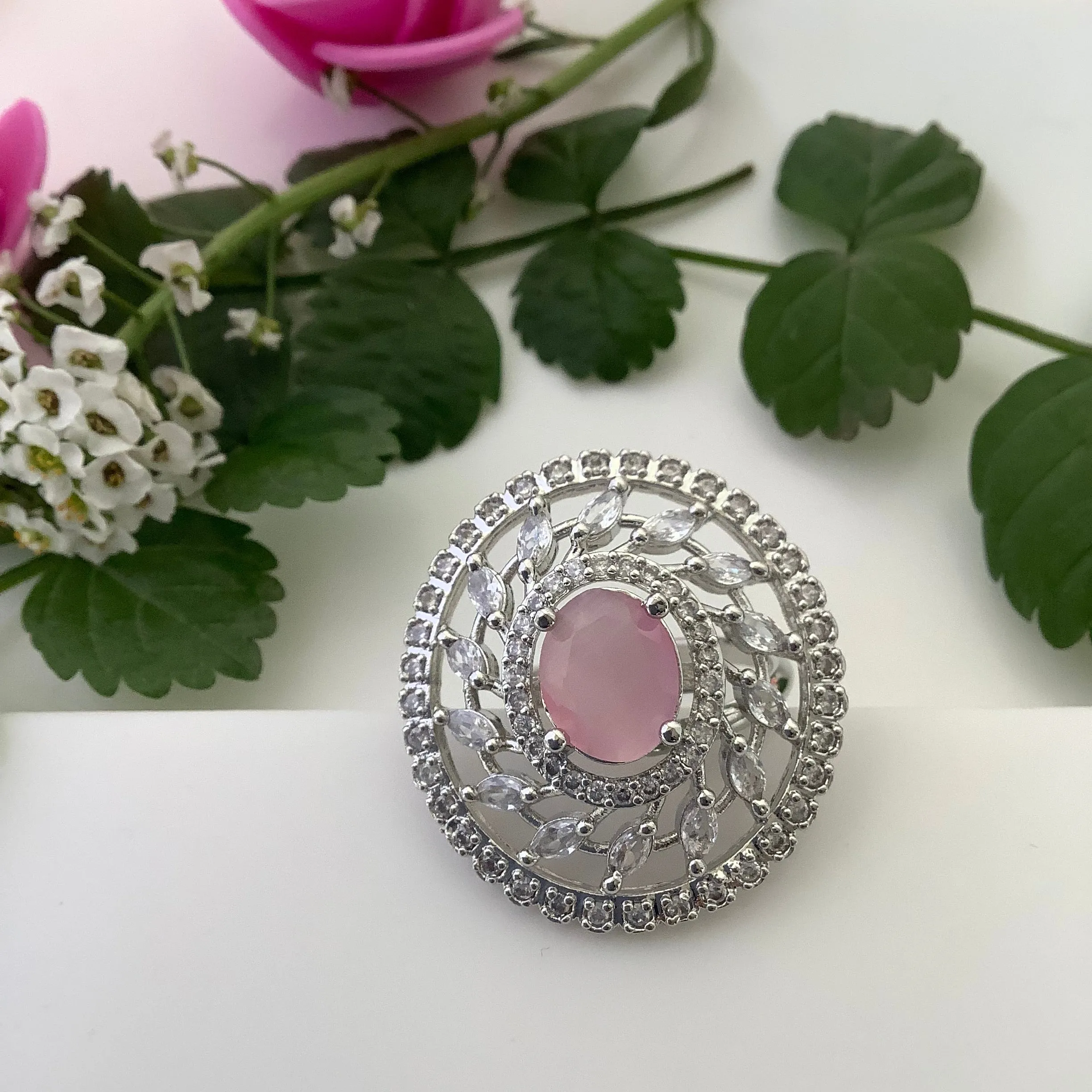 Salvanity - American Diamond Monalisa Pink Cocktail Finger Ring - Adjustable